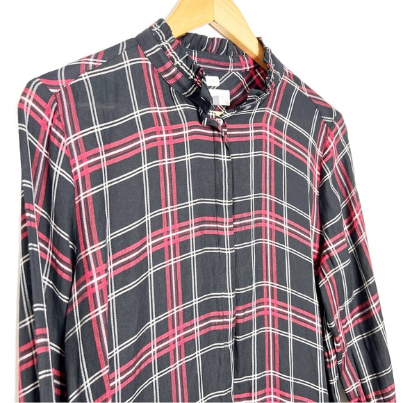 Loft Women's Black Red Plaid Ruffle Neck Long Sleeve Button Up Shirt Top - Picture 5 of 16